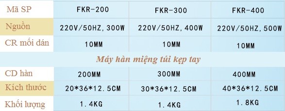 Thông số kỹ thuật của máy hàn miệng túi FKR 400